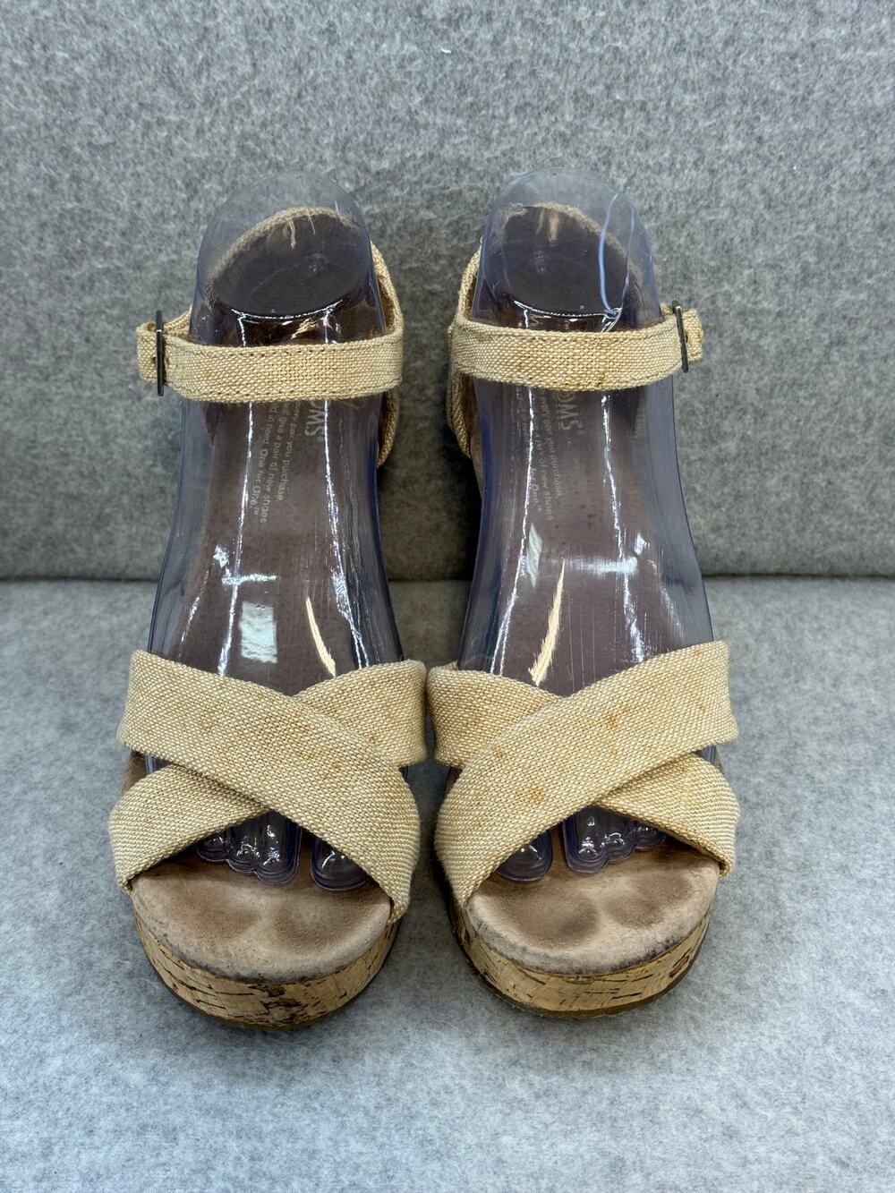 Toms Sandals Natural Sierra Canvas Burlap Crisscross Open Toe Cork Wedge 8.5